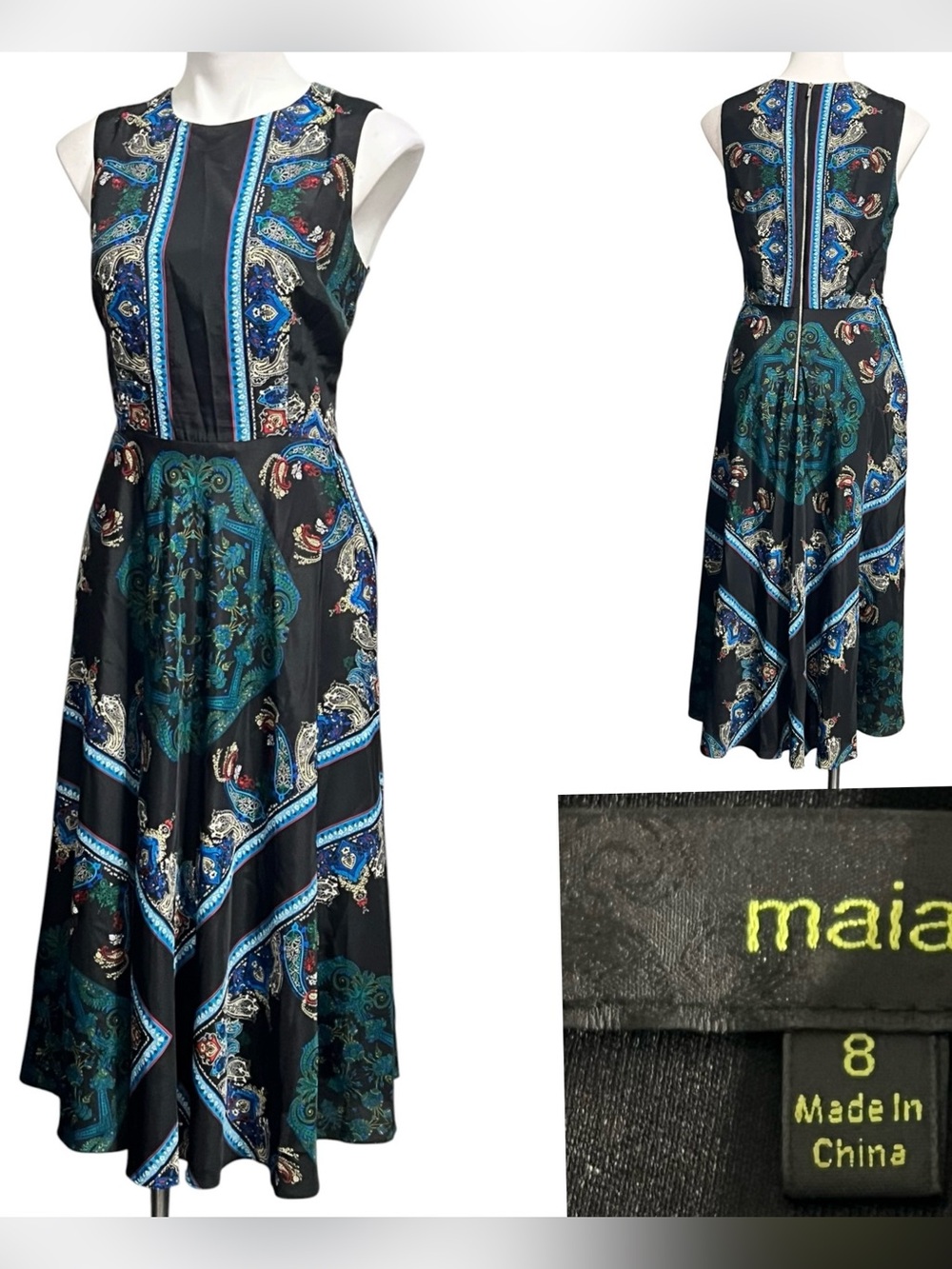 Maia‎ midi dress sz 8 Sleeveless Black multicolor Paisley A-line satin office